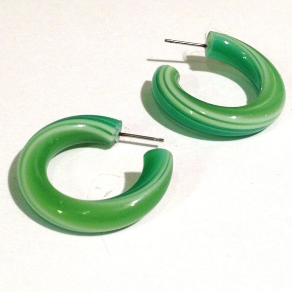 Green Striped Vintage Lucite Tube Hoop Earrings - Picture 2 of 4